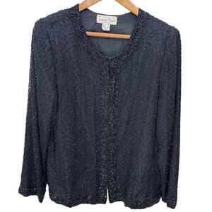 LAURENCE KAZAR Top Womens Large Black Beaded Silk American Vintage